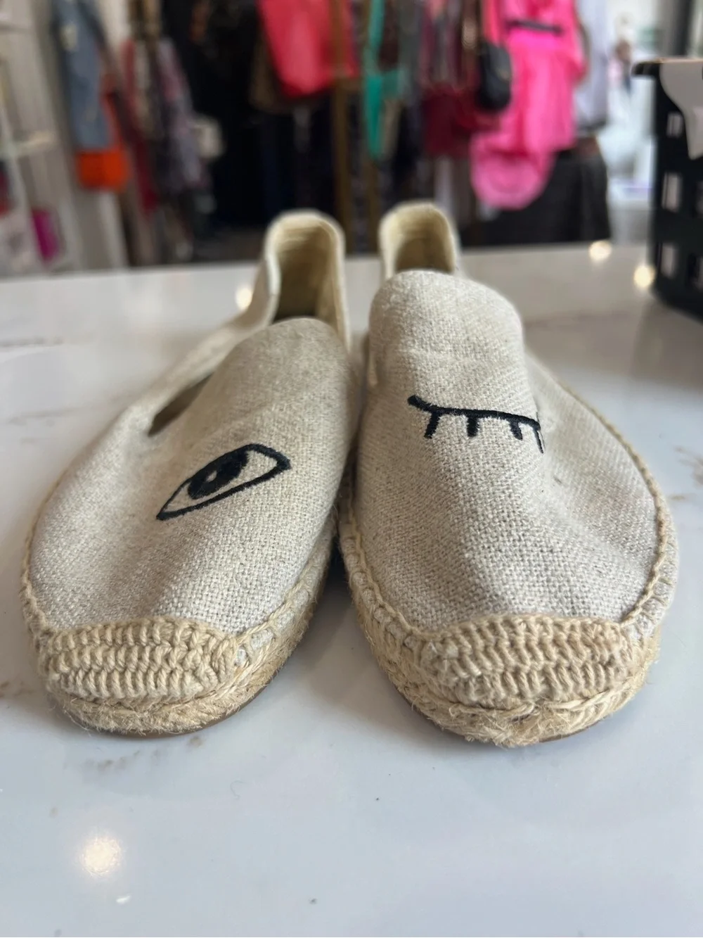 Soludos Beige Canvas Eye Embroidered Espadrille Slip-Ons